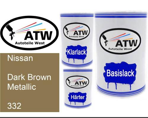 Nissan, Dark Brown Metallic, 332: 500ml Lackdose + 500ml Klarlack + 250ml Härter - Set, von ATW Autoteile West.